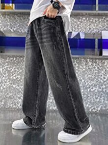 Kids Tween Boy Y2k Fashion Black Brushed Wool Base Loose Fit Jeans For Autumn And Winter Black To School - Black - View 2