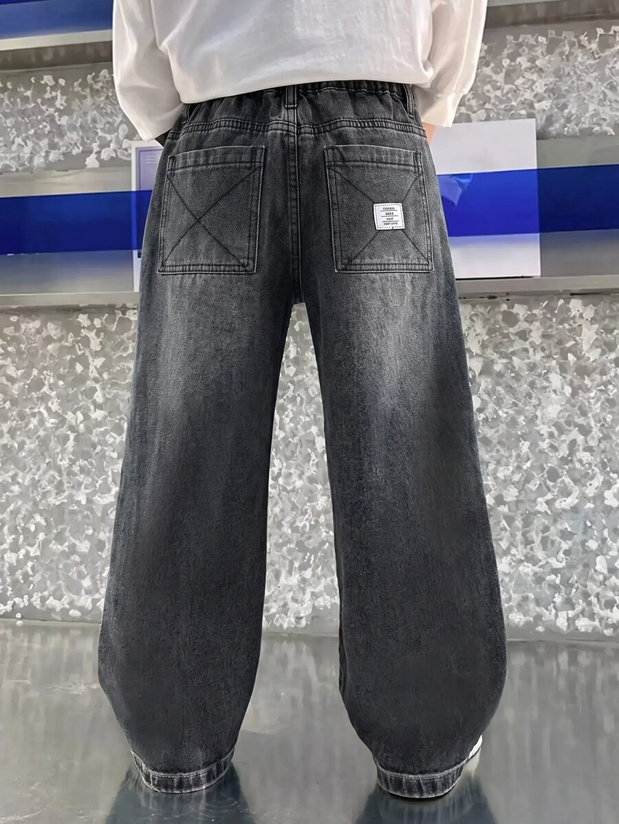 Kids Tween Boy Y2k Fashion Black Brushed Wool Base Loose Fit Jeans For Autumn And Winter Black To School - Black - View 1