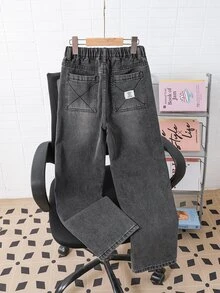 Kids Tween Boy Y2k Fashion Black Brushed Wool Base Loose Fit Jeans For Autumn And Winter Black To School - Black - View 6