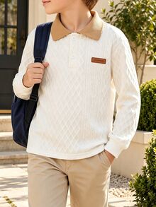 SHEIN 男童幼兒對比色翻領針織紋理休閒寬鬆復古美式長袖 Polo 衫，適合上學與日常穿著 - 米色 - 查看 3