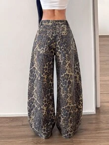 StreetHx Women's Leopard Print Wide Leg Loose Casual Streetwear Y2k 90s Denim Jeans With Pockets Night Out Grey Leopard Print Zebra Print Summer Going Out - Multicolor - View 2