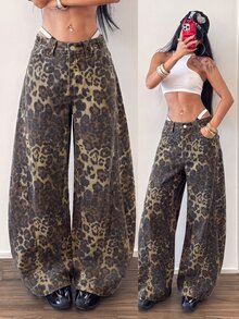 StreetHx Women's Leopard Print Wide Leg Loose Casual Streetwear Y2k 90s Denim Jeans With Pockets Night Out Grey Leopard Print Zebra Print Summer Going Out - Multicolor - View 6