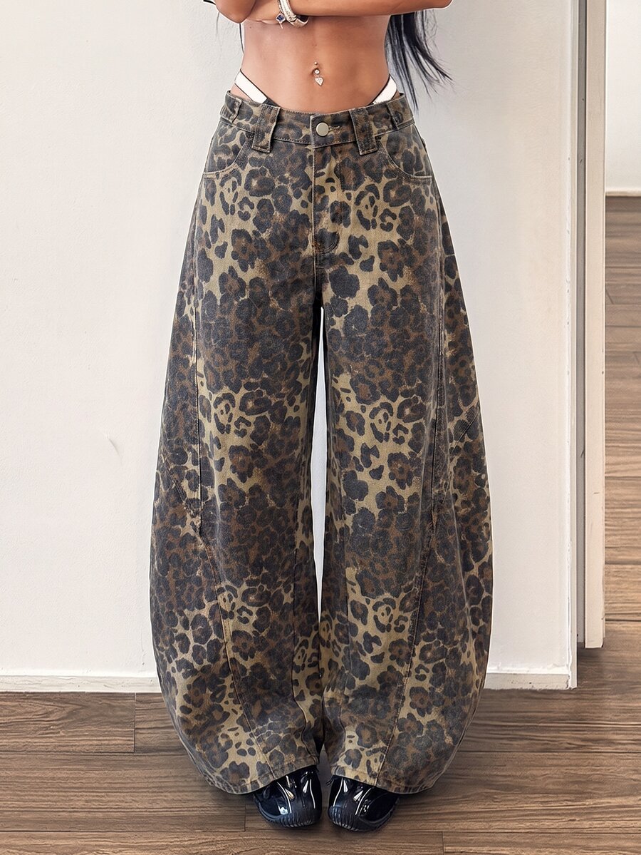 StreetHx Women's Leopard Print Wide Leg Loose Casual Streetwear Y2k 90s Denim Jeans With Pockets Night Out Grey Leopard Print Zebra Print Summer Going Out - Multicolor - View 1