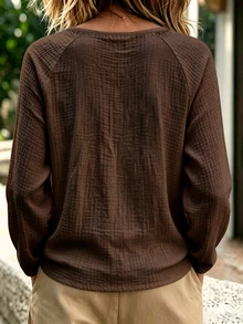 Holdful Holdful Women's Solid Color Casual Versatile Daily Long Sleeve Shirt - Brown - View 2