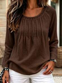 Holdful Holdful Women's Solid Color Casual Versatile Daily Long Sleeve Shirt - Brown - View 3