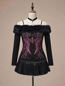 ROMWE Millennium Y2K Wing Rhinestone Pattern Fur Collar Off-Shoulder Plus Size T-Shirt - Black - View 1
