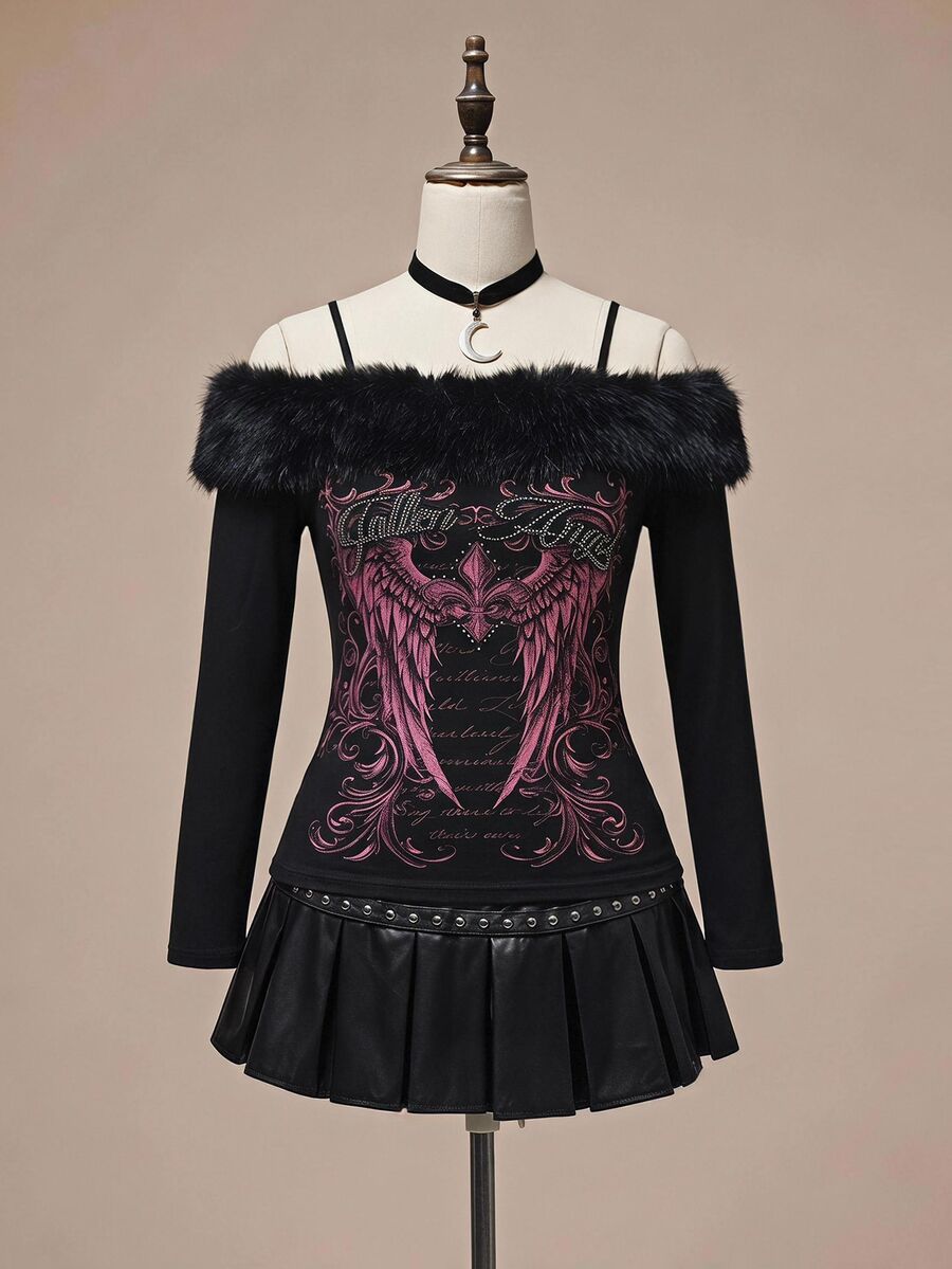 ROMWE Millennium Y2K Wing Rhinestone Pattern Fur Collar Off-Shoulder Plus Size T-Shirt - Black - View 1