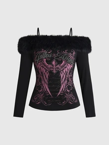 ROMWE Millennium Y2K Wing Rhinestone Pattern Fur Collar Off-Shoulder Plus Size T-Shirt - Black - View 3