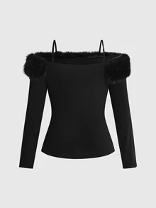 ROMWE Millennium Y2K Wing Rhinestone Pattern Fur Collar Off-Shoulder Plus Size T-Shirt - Black - View 2