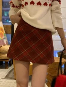 DAZY Women's Casual Plaid Skirt, Autumn/Winter - Burgundy - View 2