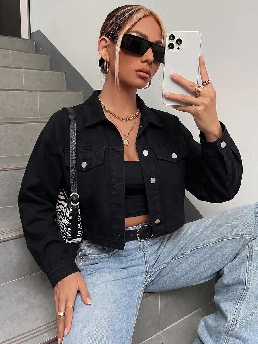 SHEIN Teen Girls Autumn Casual Cropped Denim Jacket Fall Clothes Winter - Black - View 1