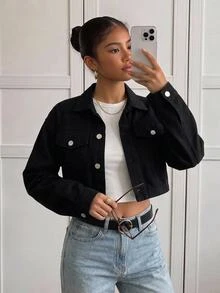 SHEIN Teen Girls Autumn Casual Cropped Denim Jacket Fall Clothes Winter - Black - View 2