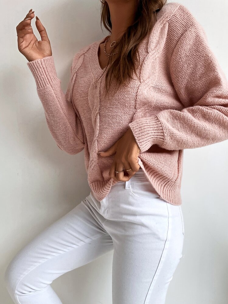Omancia Solid Cable Knit Sweater,Long Sleeve Tops Knit Pullover Fall Winter - Dusty Pink - View 5