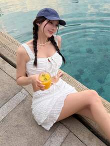 DAZY 3件套女士纹理吊带背心和迷你裙，休闲泳装沙滩装夏季 - 白色 - 查看 1