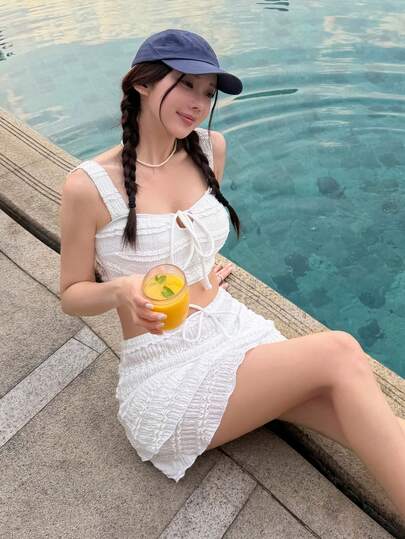 DAZY 3pcs/Set Atasan Wanita Bertekstur dengan Tali Bahu Tipis dan Rok Mini, Pakaian Renang Kasual, Pakaian Pantai Musim Panas