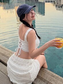 DAZY 3件套女士纹理吊带背心和迷你裙，休闲泳装沙滩装夏季 - 白色 - 查看 3