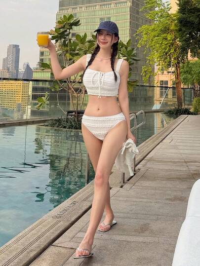 DAZY 3pcs/Set Women's Textured Spaghetti Strap Camisole And Mini Skirt, Casual Swimwears Swimwear Beach Outfit Summer