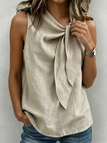 Breezaya Latest Women's Commuter Style Textured Linen-Like Sleeveless Tank Top, Asymmetrical V-Neck With Large 3D Bow Tie Design, Faux Linen Textured Fabric, Loose Straight Cut Flattering For All Body Types, Minimalist Solid Color Suitable For Blazers, Wide-Leg Pants, Workplace Commute, Casual Wear, Front Tie Knot Design Commuter Elegant Tank Top - Khaki - View 4