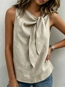 Breezaya Latest Women's Commuter Style Textured Linen-Like Sleeveless Tank Top, Asymmetrical V-Neck With Large 3D Bow Tie Design, Faux Linen Textured Fabric, Loose Straight Cut Flattering For All Body Types, Minimalist Solid Color Suitable For Blazers, Wide-Leg Pants, Workplace Commute, Casual Wear, Front Tie Knot Design Commuter Elegant Tank Top - Khaki - View 5
