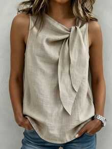 Breezaya Latest Women's Commuter Style Textured Linen-Like Sleeveless Tank Top, Asymmetrical V-Neck With Large 3D Bow Tie Design, Faux Linen Textured Fabric, Loose Straight Cut Flattering For All Body Types, Minimalist Solid Color Suitable For Blazers, Wide-Leg Pants, Workplace Commute, Casual Wear, Front Tie Knot Design Commuter Elegant Tank Top - Khaki - View 3