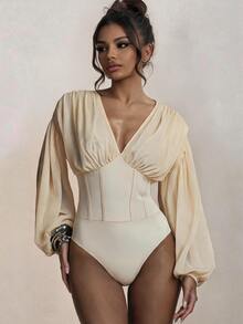 Olia Maree Women's Sexy Versatile Elegant Commute Sheer Chiffon Draped Bodysuit, Deep V-Neck Top - Apricot - View 5