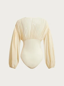 Olia Maree Women's Sexy Versatile Elegant Commute Sheer Chiffon Draped Bodysuit, Deep V-Neck Top - Apricot - View 2
