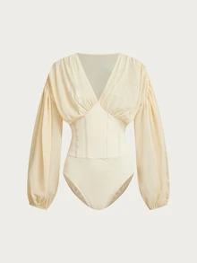 Olia Maree Women's Sexy Versatile Elegant Commute Sheer Chiffon Draped Bodysuit, Deep V-Neck Top - Apricot - View 3