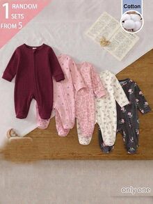 Newborn Home Jumpsuit, Pink Leopard Print Baby Footed Romper, Long Sleeve Front Button Newborn Jumpsuit, Baby Girl Spring/Autumn Crawl Suit - Multicolor - View 1