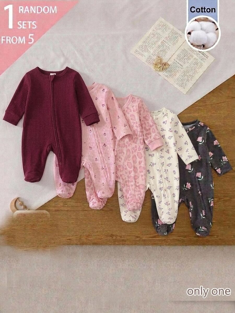 Newborn Home Jumpsuit, Pink Leopard Print Baby Footed Romper, Long Sleeve Front Button Newborn Jumpsuit, Baby Girl Spring/Autumn Crawl Suit - Multicolor - View 1