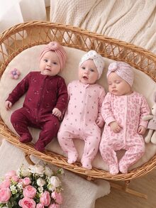 Newborn Home Jumpsuit, Pink Leopard Print Baby Footed Romper, Long Sleeve Front Button Newborn Jumpsuit, Baby Girl Spring/Autumn Crawl Suit - Multicolor - View 2