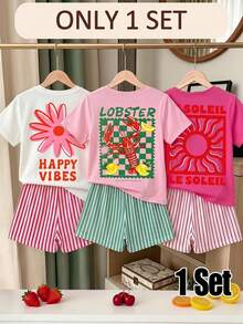 SHEIN 1套隨機女孩字母花朵、龍蝦、小太陽圖案短袖T恤與白色短褲套裝，適合戶外活動 7歲生日夏季 - 彩色 - 查看 1