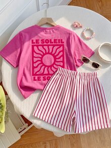 SHEIN 1套隨機女孩字母花朵、龍蝦、小太陽圖案短袖T恤與白色短褲套裝，適合戶外活動 7歲生日夏季 - 彩色 - 查看 4