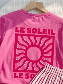 SHEIN 1套隨機女孩字母花朵、龍蝦、小太陽圖案短袖T恤與白色短褲套裝，適合戶外活動 7歲生日夏季 - 彩色 - 查看 5