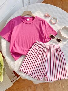 SHEIN 1套隨機女孩字母花朵、龍蝦、小太陽圖案短袖T恤與白色短褲套裝，適合戶外活動 7歲生日夏季 - 彩色 - 查看 3
