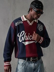 Manfinity EMRG Men's Streetwear Colorblock Fashion Ribbed Long Sleeve Sweater Y2k Couple Matching Outfit Fall - Multicolor - View 2