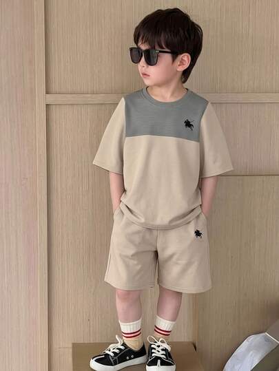 Kids Boy Casual Sporty Contrast Color Patchwork Short Sleeve T-Shirt And Shorts Set,Matching Tracksuit For Summer,Family Vacation,Back-To-School,Khaki