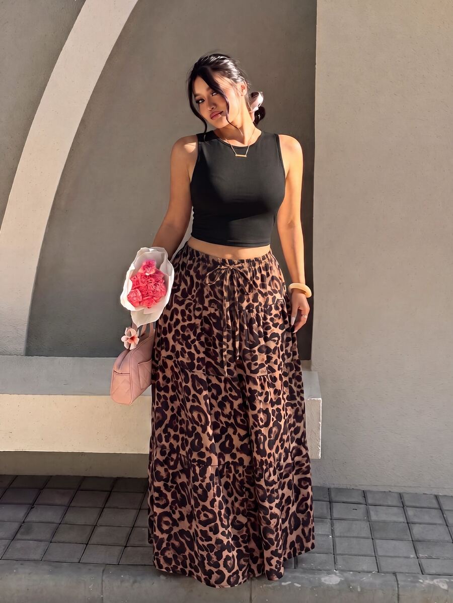 GalTyme Plus Size Women's Solid Color Round Neck Top Black Beige Print Skirt Bohemian Sexy Elegant Boho Traditional Daily Going Out 2 Pieces Set Brunch Casual - Multicolor - View 1