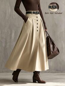 SHEIN Women Khaki High Rise Inverted Box Pleats A-Line Long Skirt Button Front Flattering Loose Fit Swing Hem Fall Vintage Commute Skirt - Apricot - View 4