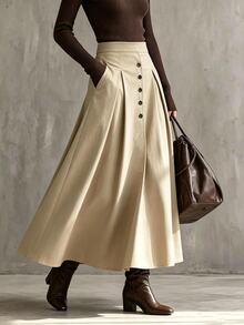 SHEIN Women Khaki High Rise Inverted Box Pleats A-Line Long Skirt Button Front Flattering Loose Fit Swing Hem Fall Vintage Commute Skirt - Apricot - View 5