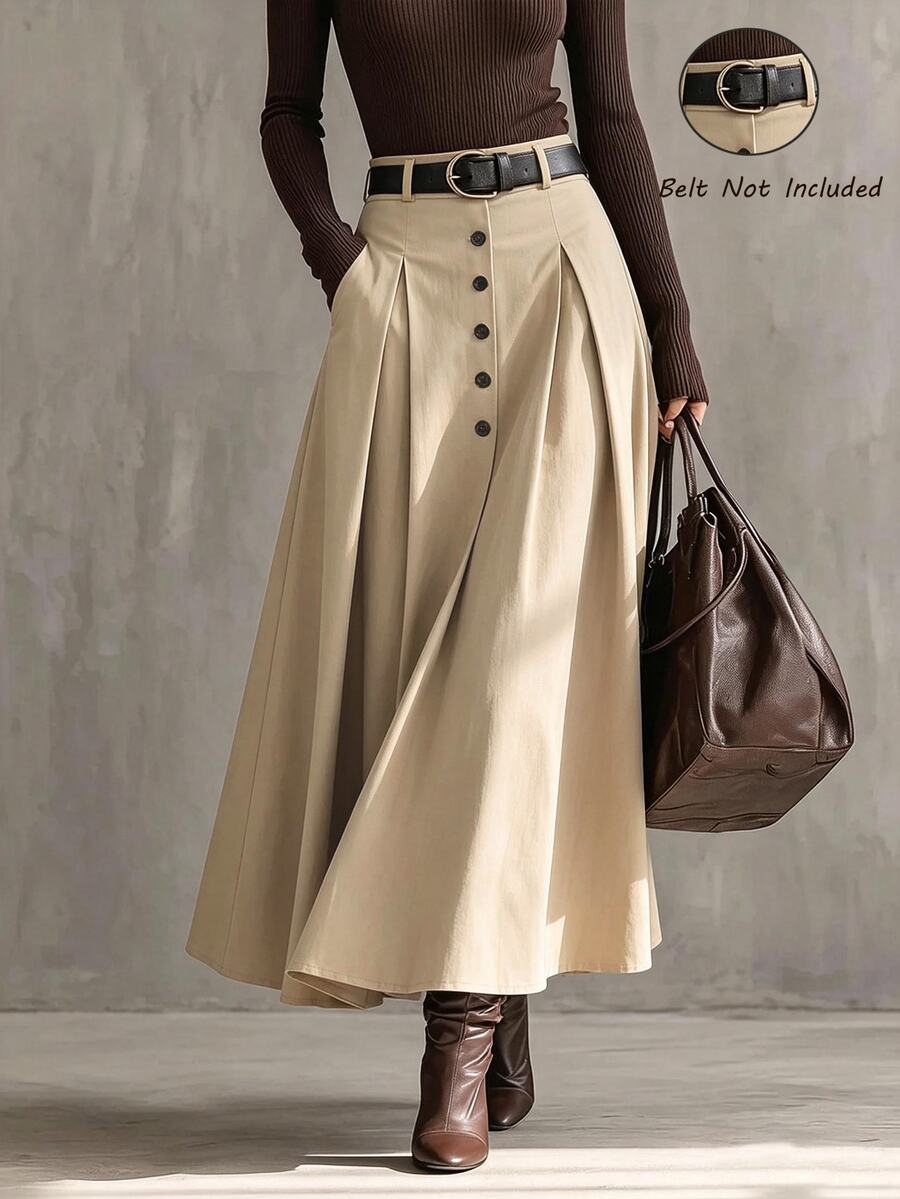 SHEIN Women Khaki High Rise Inverted Box Pleats A-Line Long Skirt Button Front Flattering Loose Fit Swing Hem Fall Vintage Commute Skirt - Apricot - View 1