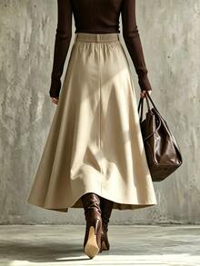 SHEIN Women Khaki High Rise Inverted Box Pleats A-Line Long Skirt Button Front Flattering Loose Fit Swing Hem Fall Vintage Commute Skirt - Apricot - View 2