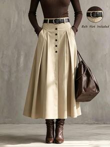 SHEIN Women Khaki High Rise Inverted Box Pleats A-Line Long Skirt Button Front Flattering Loose Fit Swing Hem Fall Vintage Commute Skirt - Apricot - View 3