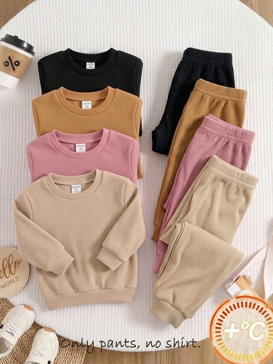 SHEIN 4件組可愛百搭休閒秋冬純色鬆緊腰女嬰長褲 - 彩色 - 查看 1