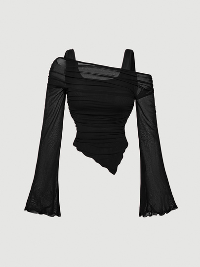 SHEIN MOD Camiseta con manga acampanada y bajo asimétrico talla grande, estilo punk, coreano, de vuelta al colegio, para profesora, oficina, escuela, uso occidental para mujer, vintage, brunch, básica, old money, streetwear para mujer, gótica de malla negra, top sexy de malla negra, top transparente negro