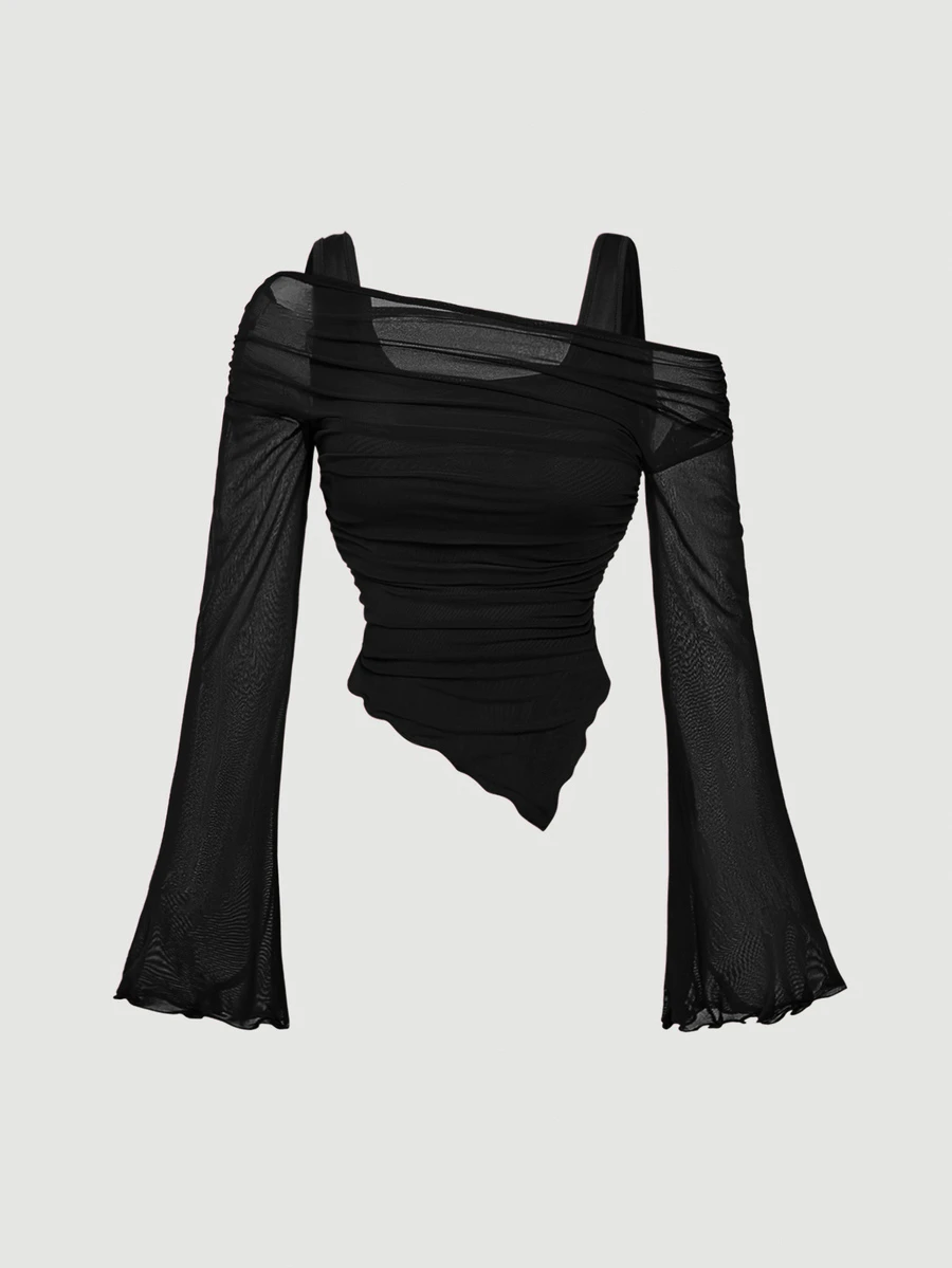 SHEIN MOD Plus Size Asymmetric Hem Flared Sleeve T-Shirt,Black,Autumn,Classy,Night Out Club,Goth Sheer Mesh Top,Punk Korean Style Streetwear Vintage Tops Fall - Black - View 1