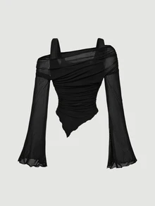 SHEIN MOD Plus Size Asymmetric Hem Flared Sleeve T-Shirt,Black,Autumn,Classy,Night Out Club,Goth Sheer Mesh Top,Punk Korean Style Streetwear Vintage Tops Fall - Black - View 4