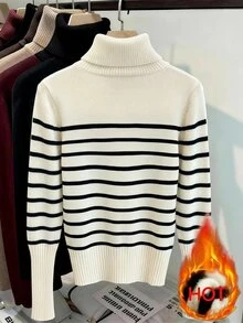 SHEIN 新款女款時尚條紋抓絨內裡高領套頭毛衣，適合秋冬日夜穿著，黑白配色法式休閒風 - 彩色 - 查看 7