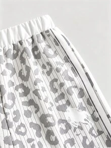 SHEIN Girlism 兒童青少年女孩連帽衫與運動衫套裝，復古時尚豹紋灰色與白色條紋圓領寬鬆運動衫套裝，返校季 - 灰色 - 查看 4