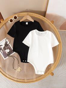 SHEIN 2pcs/Set Young Girl Solid Color Crew Neck Short Sleeve Romper - Multicolor - View 2