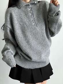 DAZY Sweater Rajut Wanita Warna Polos Longgar Kerah Tinggi Lengan Panjang Label Logam Kasual untuk Liburan Musim Semi Musim Gugur - Grey - View 7
